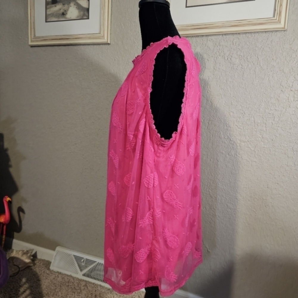 Torrid Hot Pink Pineapple Embroidered Mesh Sleeveless Top Plus Size 0 (Large 12) - Picture 2 of 10